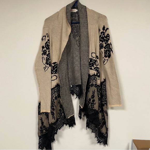 Simply Couture Sweaters - Simply Couture M Beige and Black High Low Cardigan with Floral Lace Accents